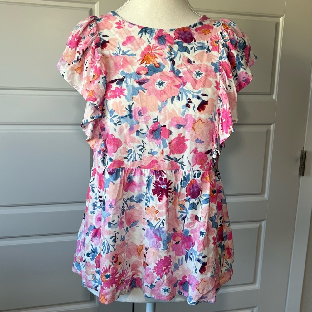 emily WONDER Floral Print Flutter Sleeve Babydoll Top Women's Size S